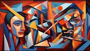 An abstract cubist image of two people surrounded by the sharp points of triangular shapes of various colors