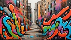 An alley between two buildings. The external brick walls of the building are covered in graffiti.