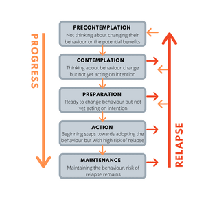 Stages of behavior change model: Precontemplation, Contemplation, Preparation, Action, Maintenance. Arrows show progress and potential relapse between stages. Diagram illustrates the transtheoretical model of change in psychology and health interventions.