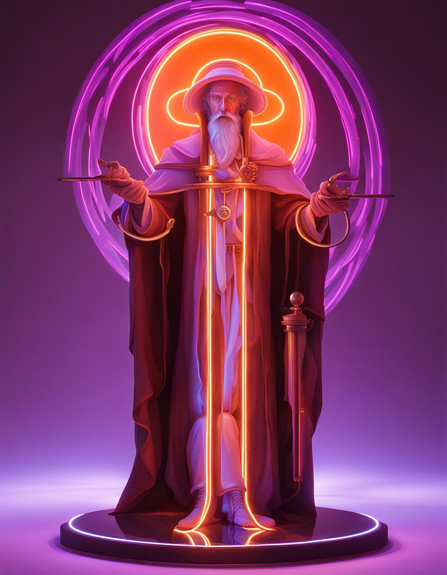 a wizard standing with a staff in a majestic pose. The wizard has a long white beard, is wearing a hat and robes, and is backlit by a glowing neon halo. The staff and the wizard's outline are highlighted with neon lights against a purple background, giving a modern twist to a classical fantasy theme