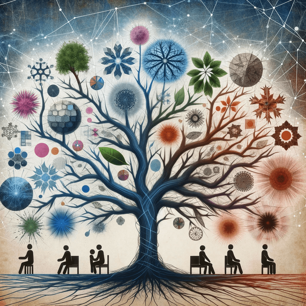 An artistic representation of a family tree with varied branches, each symbolizing different struggles, including addiction. The image illustrates the complex family dynamics and the diverse challenges faced by each member, highlighting the interconnectedness within a family.