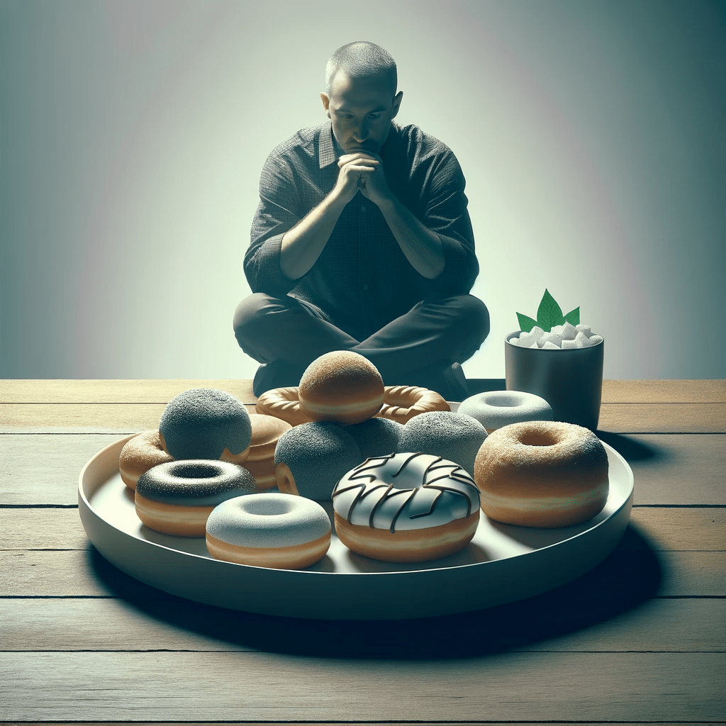 A conceptual image depicting the struggle with weight and emotional eating, such as a person contemplating a plate of donuts.
