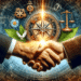 This conceptual image symbolizes the themes of honesty, trustworthiness, and ethical conduct in leadership, featuring elements like a moral compass and a handshake.