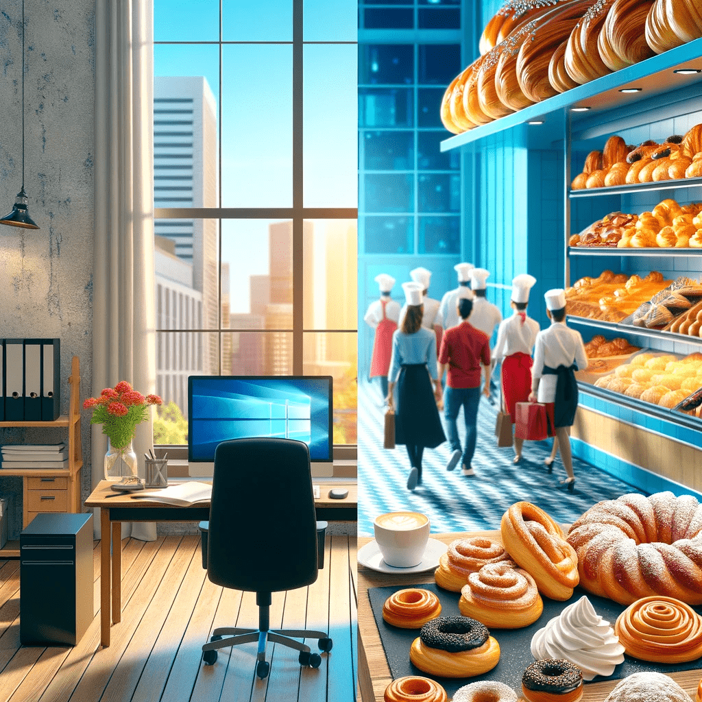 A serene office space contrasting with a lively bakery scene. This image symbolizes the shift from a computer programmer to a pastry critic, highlighting the dream job of exploring and writing about pastries.