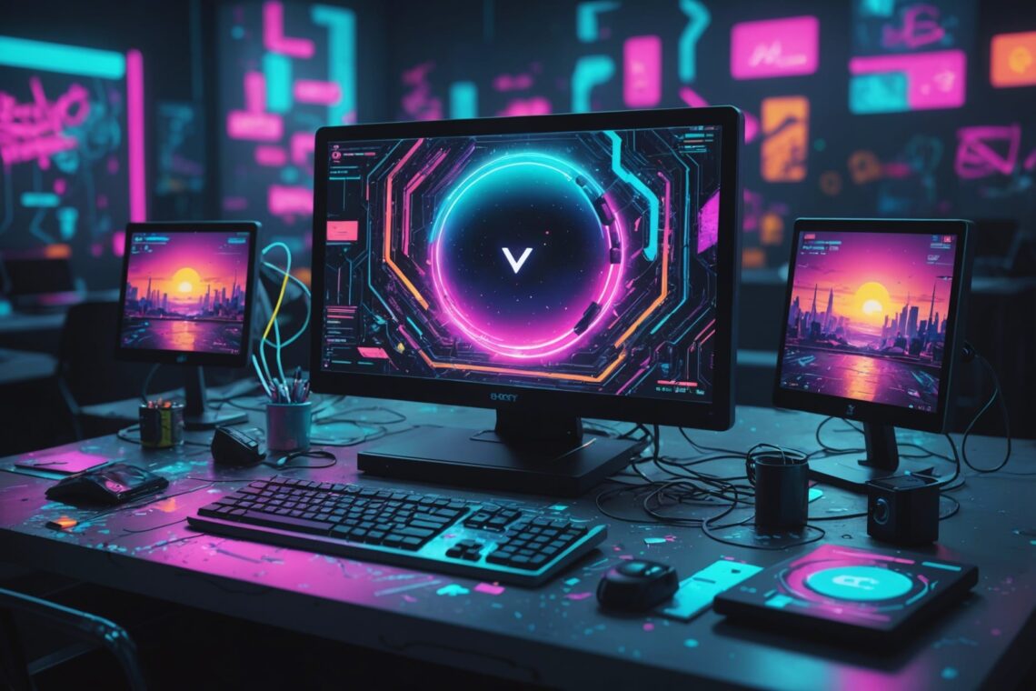 a vibrant, futuristic computer setup in a dimly lit room with neon lights. The main monitor displays a striking image of a glowing circular emblem with the letter "V" at its center, surrounded by colorful digital patterns in shades of pink, blue, and purple. Two smaller monitors on either side show a digital sunset over a futuristic cityscape with towering skyscrapers. The desk is cluttered with various tech gadgets, including a keyboard, mouse, and a tablet. The background walls are adorned with neon geometric shapes and digital displays, enhancing the cyberpunk aesthetic of the scene.