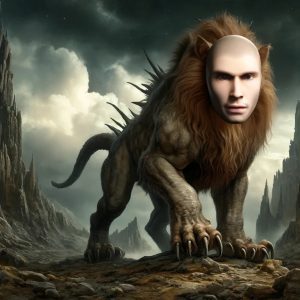 a beast with a creepy head of a man, body of a lion, and tail of a serpant