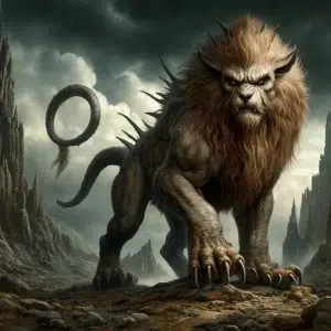 a beast with the head of a man, body of a lion, and tail of a serpant