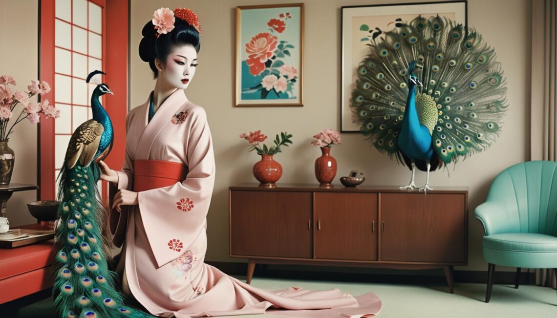 A woman in a pink kimono with floral patterns sits next to a peacock, with another peacock standing on a wooden cabinet in a traditional Japanese-style room.