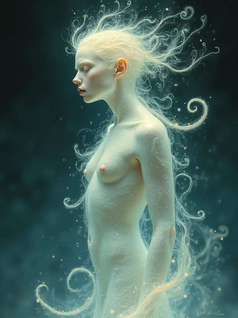 A surreal image of a pale, ethereal figure with flowing, wispy hair and a serene expression, surrounded by swirling light patterns against a dark background.