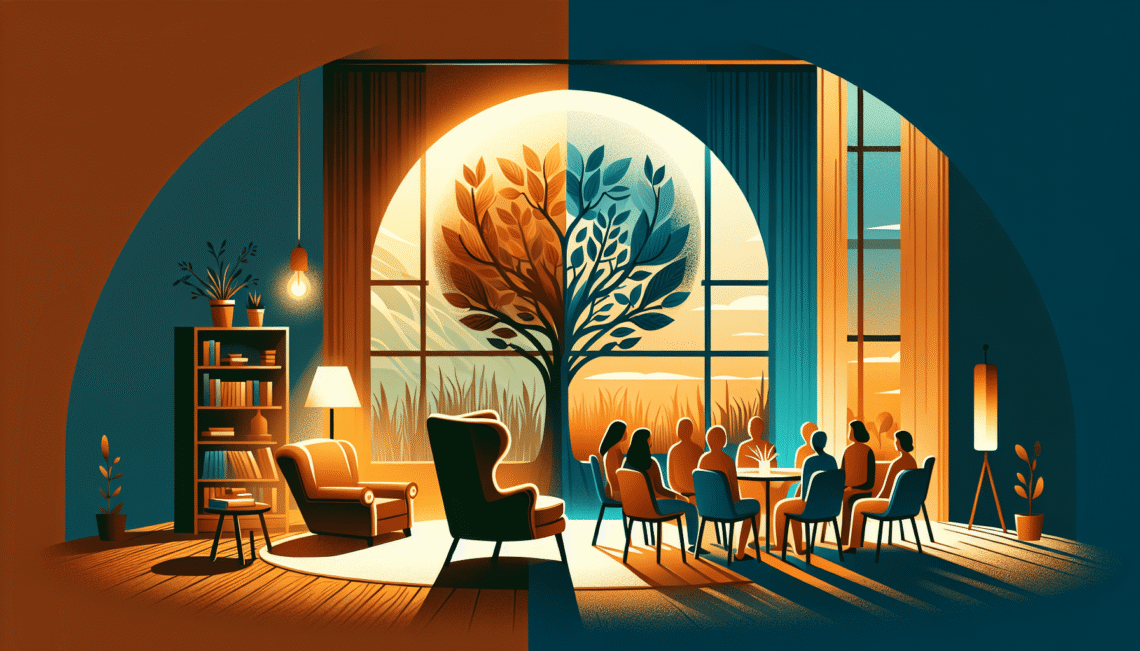 Illustration contrasting individual therapy with a cozy private room on the left and group therapy with a group session on the right, divided by a tree motif.