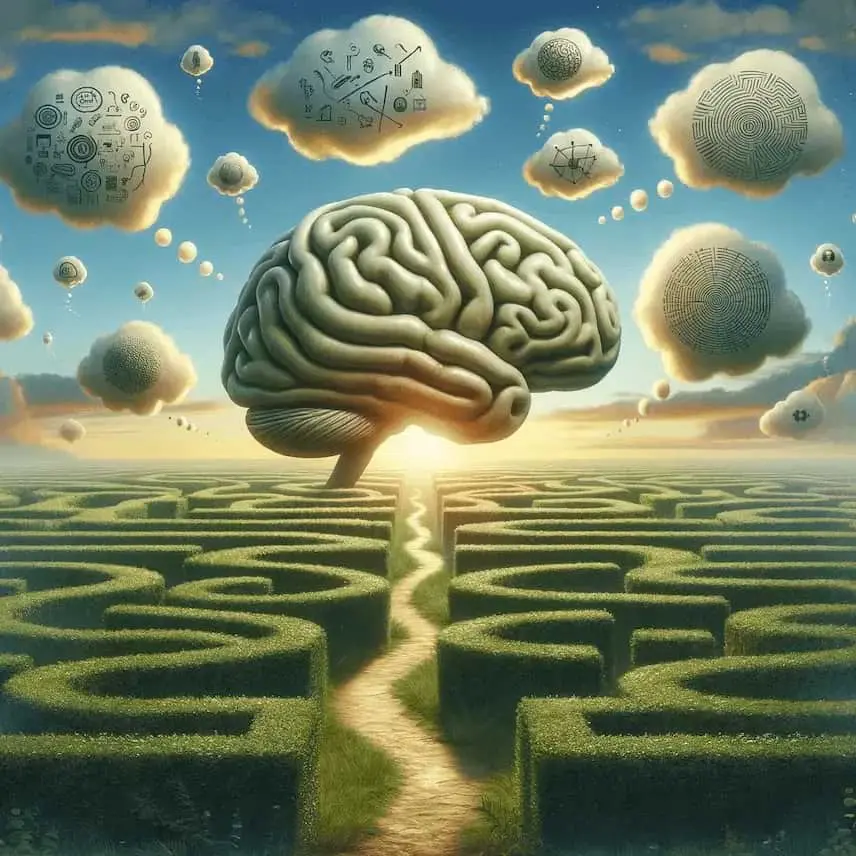 A large brain hovers over a labyrinth made of hedges at sunrise. Surrounding the brain are clouds filled with various symbols and diagrams, symbolizing knowledge and thought processes.