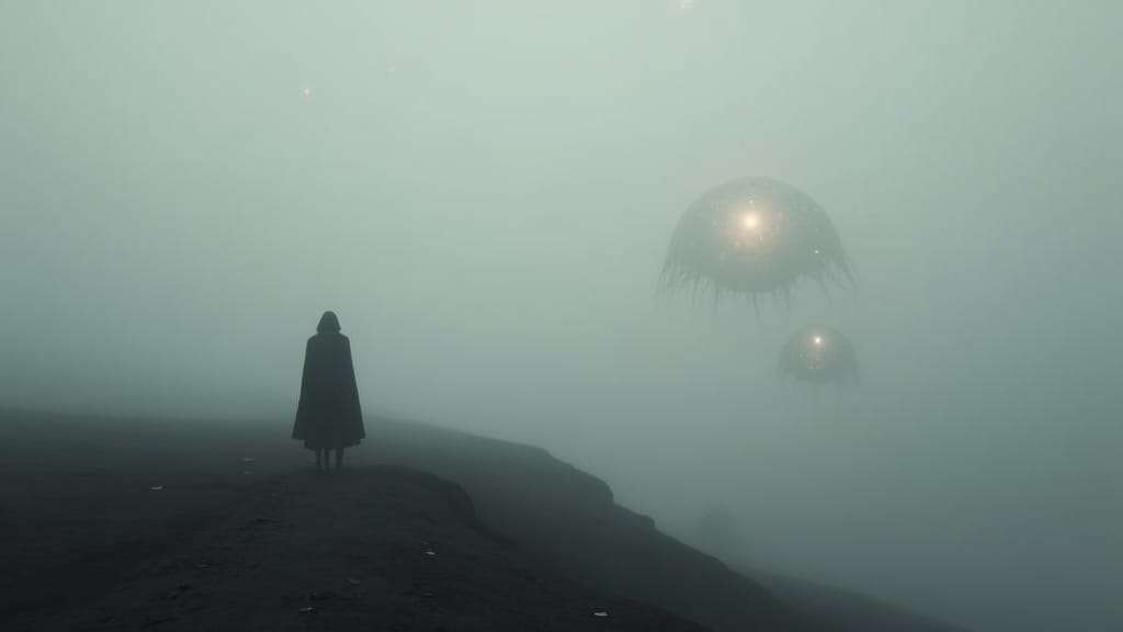 A lone figure in a dark cloak stands on a foggy landscape, gazing at large, glowing, jellyfish-like structures floating in the misty sky. The atmosphere is eerie and otherworldly, with a sense of quiet and mystery.