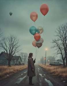 person holding group of balloons by the strings in the middle of a abandoned neighborhood street