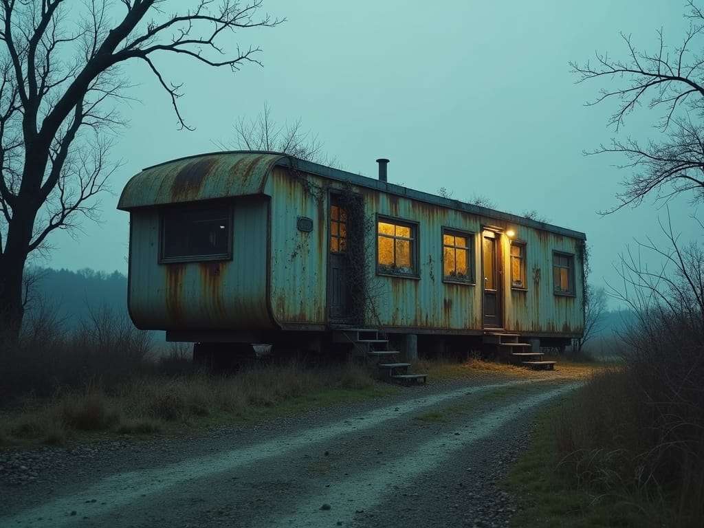A rusty, weathered trailer sits elevated on a gravel path surrounded by barren trees and overgrown grass. The dim light from the trailer’s windows casts a warm glow in the cold, misty twilight, creating a hauntingly isolated atmosphere.