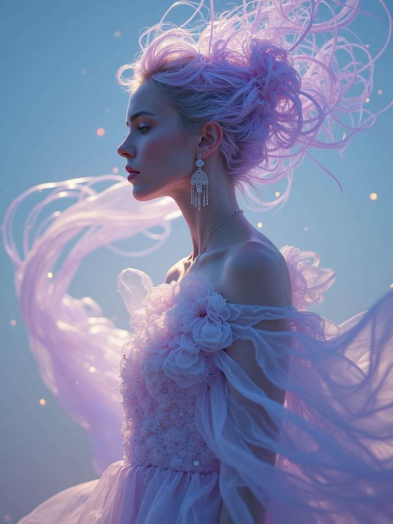 A fantasy-inspired image of a woman with flowing lavender hair and a delicate pastel dress, adorned with floral details and elegant earrings. The fabric and hair swirl gracefully around her against a soft, ethereal background.