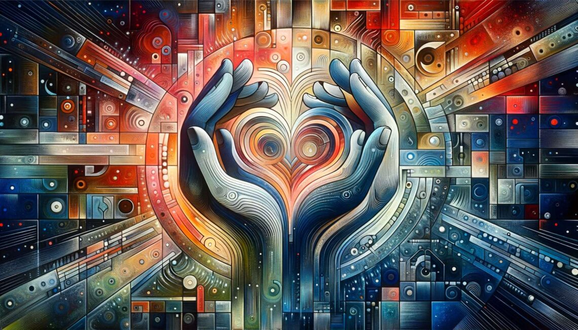 Abstract hands holding a heart with geometric patterns in vibrant colors.
