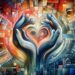 Abstract hands holding a heart with geometric patterns in vibrant colors.