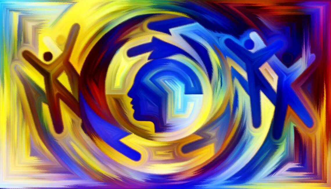 Abstract swirling painting with colorful human-like figures and a central blue face silhouette.