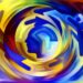 Abstract swirling painting with colorful human-like figures and a central blue face silhouette.