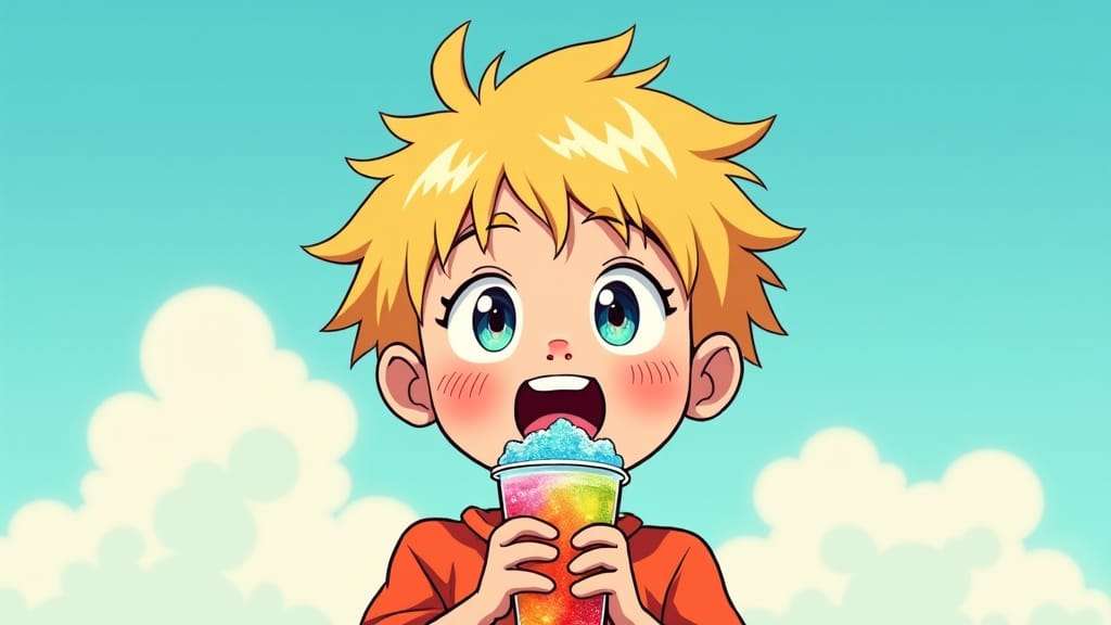 Cartoon illustration of an excited young boy with spiky blonde hair and big blue eyes, holding a cup of colorful shaved ice against a bright blue sky with fluffy white clouds.