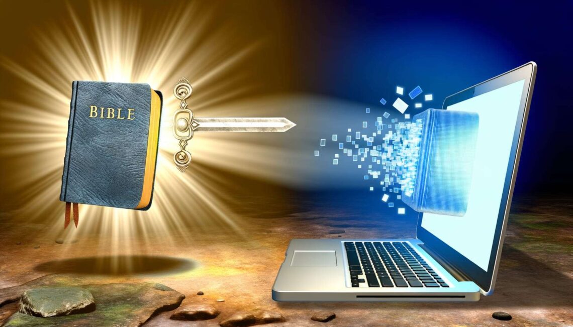 Bible emitting light and a sword-shaped key next to a laptop with digital particles emerging from the screen.