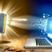 Bible emitting light and a sword-shaped key next to a laptop with digital particles emerging from the screen.