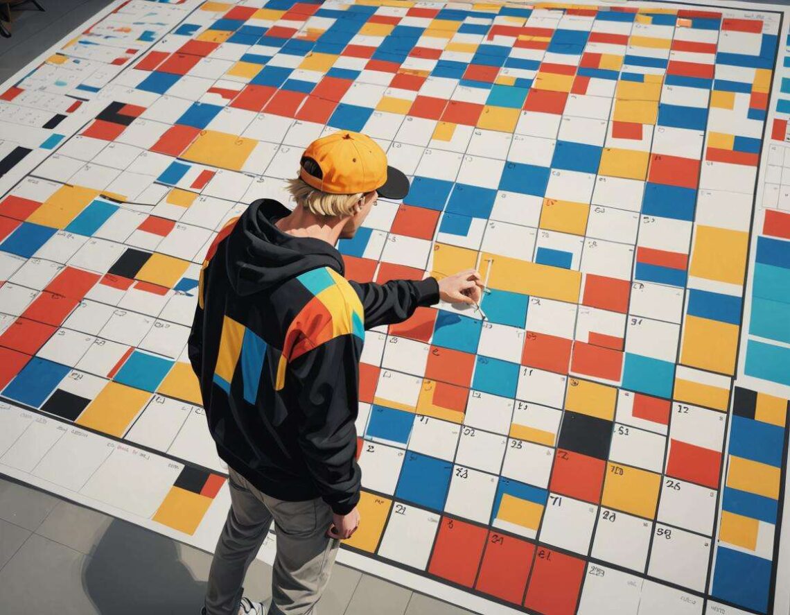 Person in yellow cap and colorful jacket pointing at large floor calendar with multicolored squares and numbers.