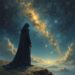 A robed figure stands on a cliff edge, gazing at a vibrant galaxy stretching across a starry night sky above clouds illuminated by a setting sun.