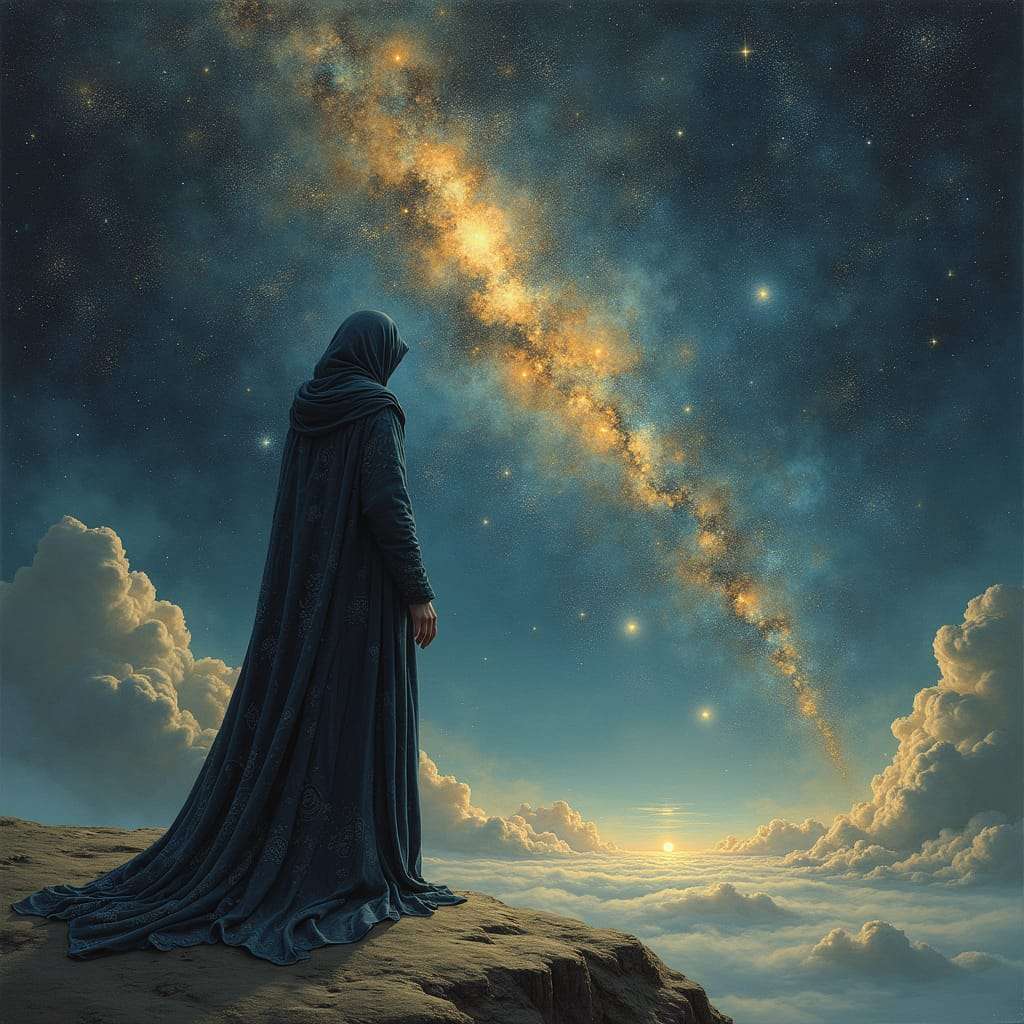 A robed figure stands on a cliff edge, gazing at a vibrant galaxy stretching across a starry night sky above clouds illuminated by a setting sun.
