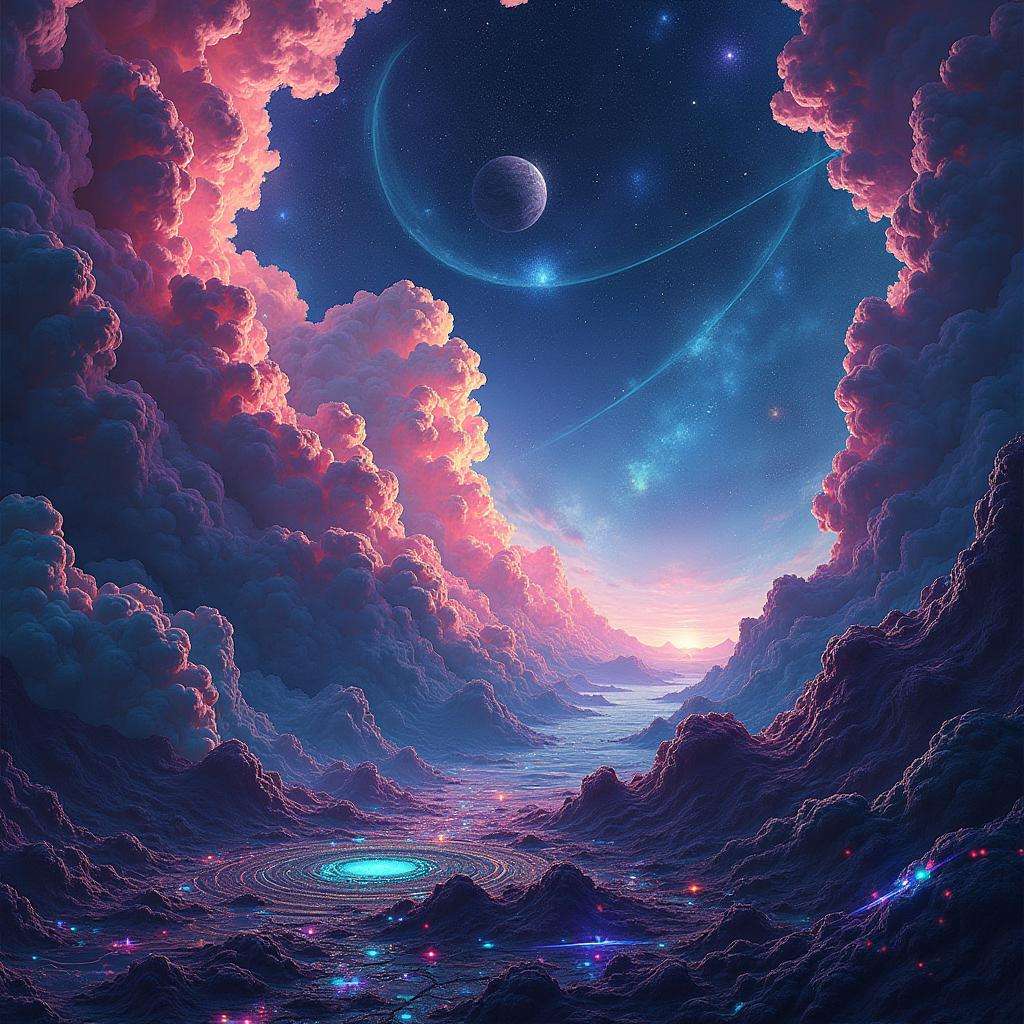 Surreal fantasy landscape with vibrant pink clouds, a starry night sky, a distant planet, and a glowing blue pool surrounded by luminous particles in a rocky alien terrain.