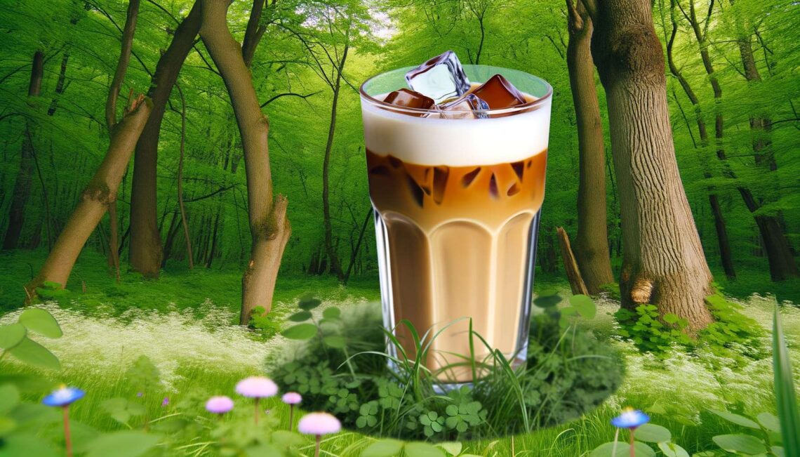 A tall glass of layered iced coffee with milk foam and ice cubes, placed in a lush green forest setting with trees, grass, and small flowers.