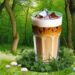 A tall glass of layered iced coffee with milk foam and ice cubes, placed in a lush green forest setting with trees, grass, and small flowers.