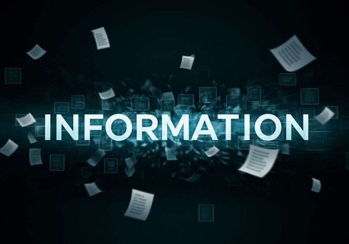 The word "INFORMATION" in large white text against a dark background, surrounded by floating digital documents and data squares.