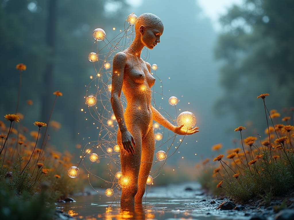 Glowing humanoid figure standing in shallow water, surrounded by illuminated orbs and wildflowers in a misty forest setting.