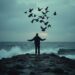 Silhouette of a man standing on a rocky shore with arms outstretched, facing a stormy sea as a flock of birds flies overhead against a moody teal sky.