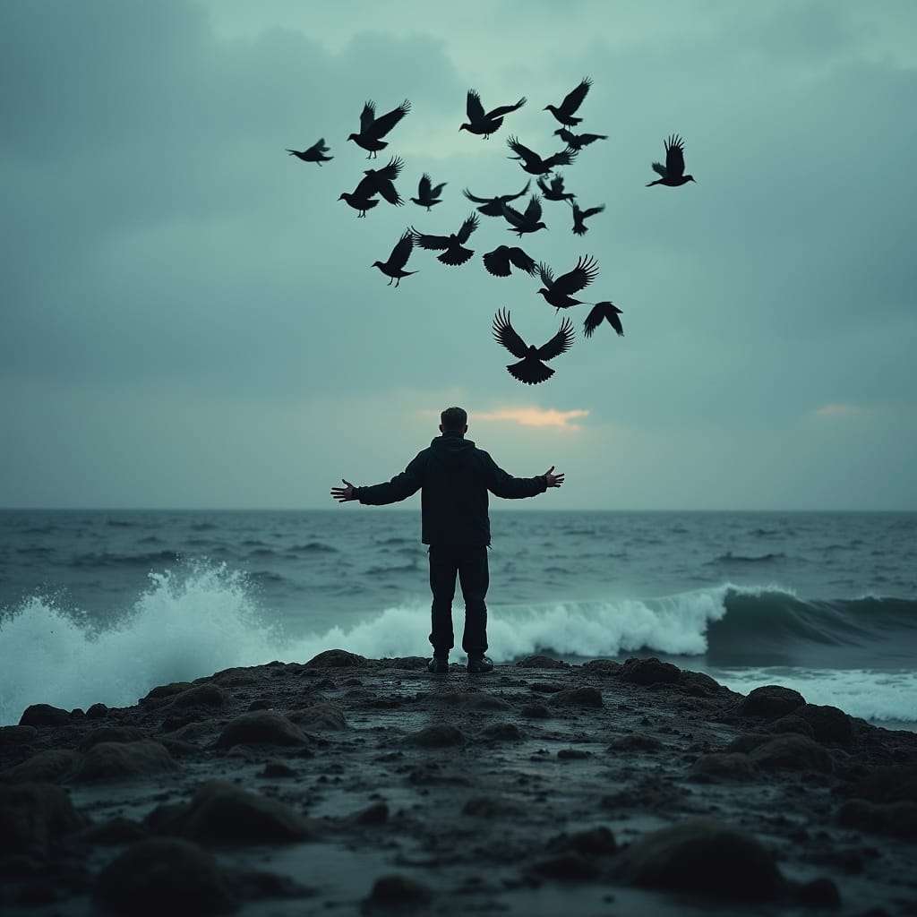 Silhouette of a man standing on a rocky shore with arms outstretched, facing a stormy sea as a flock of birds flies overhead against a moody teal sky.