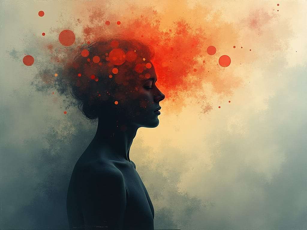Silhouette of a woman's profile with an explosion of red and orange colors emanating from her head, symbolizing thoughts or creativity.