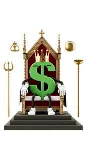 Cartoon dollar sign character wearing a crown, seated on an ornate throne with religious symbols around it.