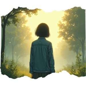 A woman with short hair, wearing a denim jacket, stands with her back to the viewer in a misty forest at sunrise or sunset.