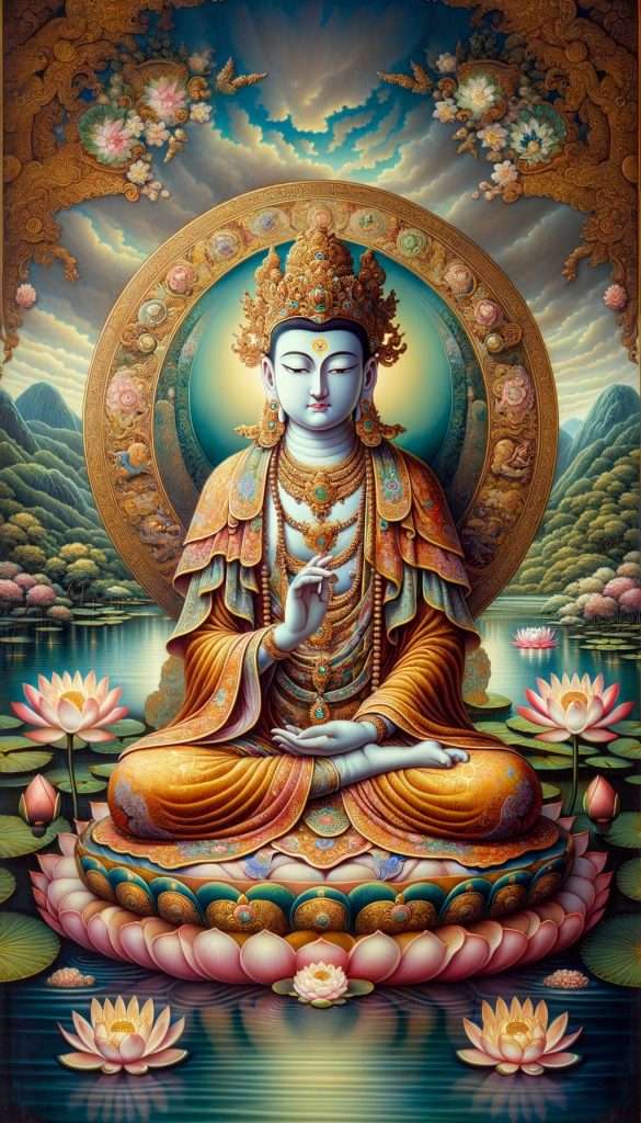 A serene Buddha figure in ornate robes sits in meditation on a lotus flower, surrounded by peaceful water and blooming lotus flowers. The backdrop features detailed golden designs and lush mountains.