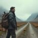 Man with backpack on remote mountain road, surrounded by rugged landscape