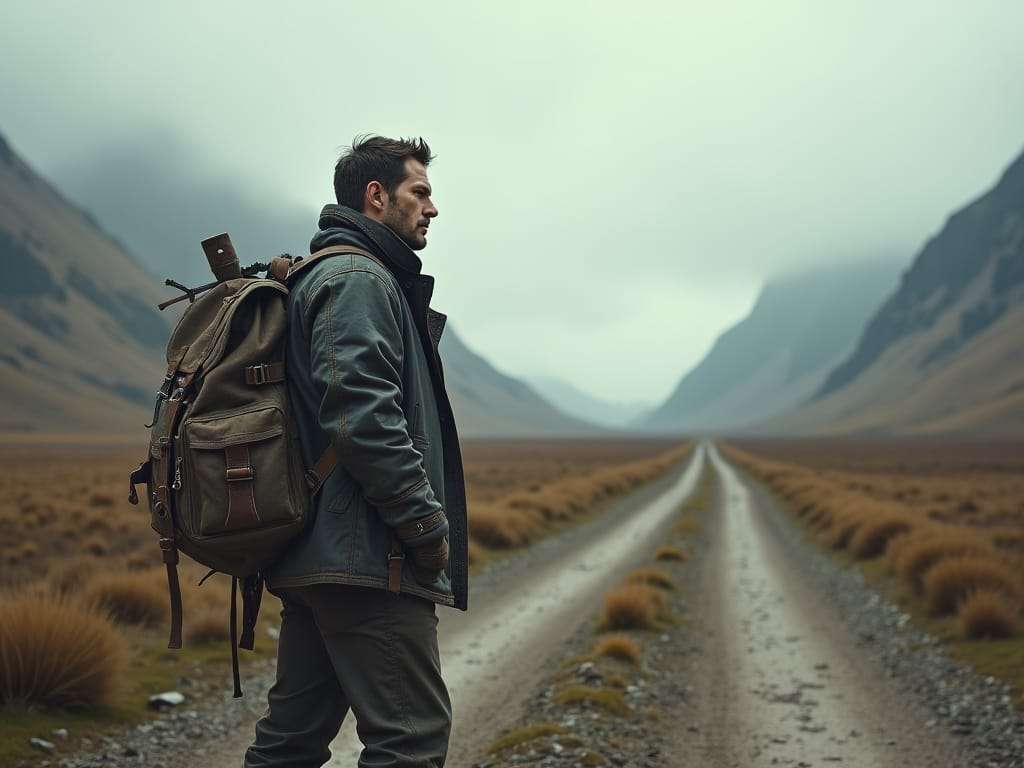 Man with backpack on remote mountain road, surrounded by rugged landscape