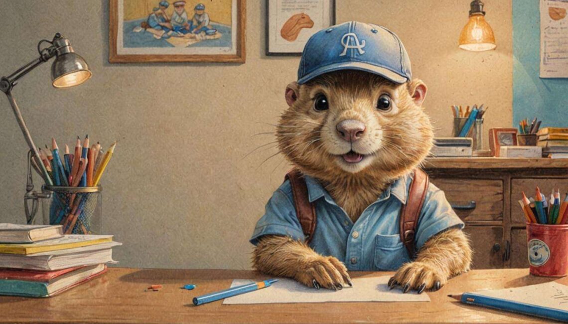A colored pencil drawing of a gopher sitting at a desk strewn with papers and writing utensils.