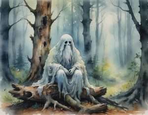 A watercolor painting of a forlorn ghost with a long white beard, draped in a flowing sheet, sitting on a fallen log in a misty forest.