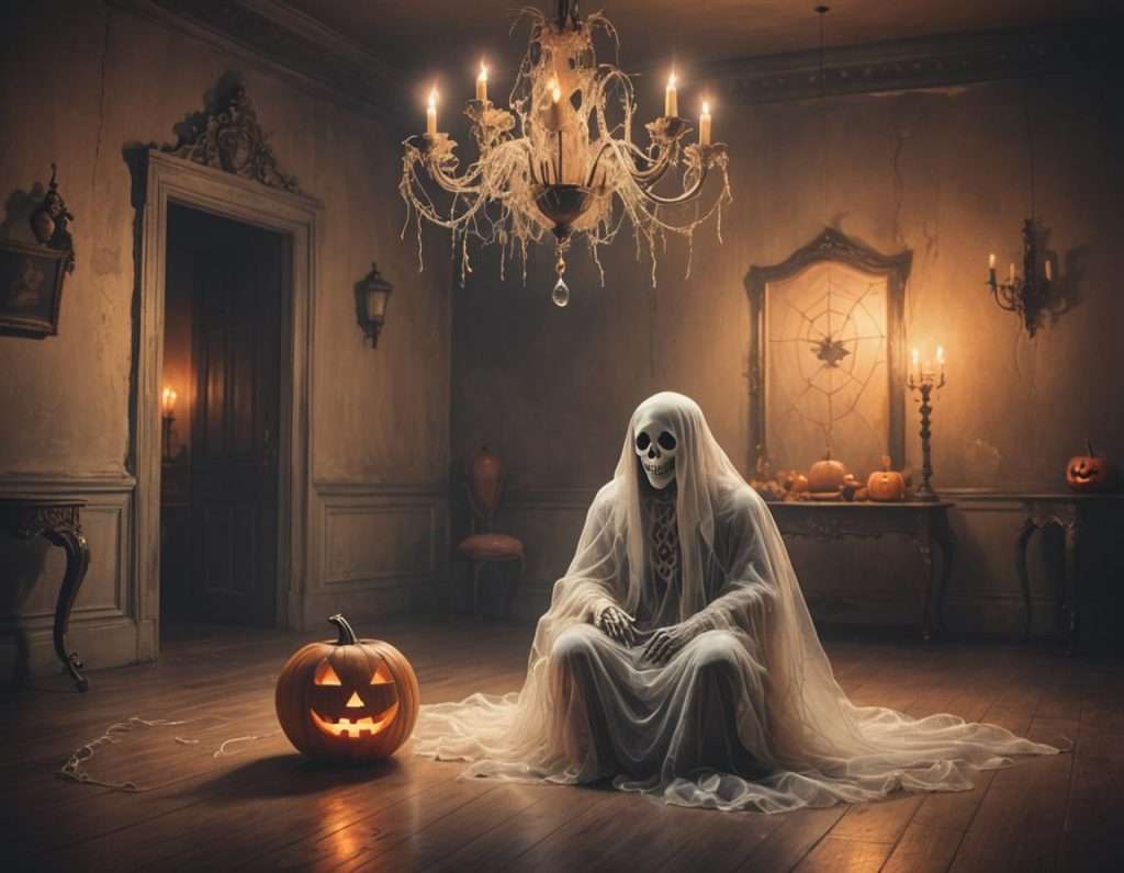 A skeletal figure draped in a white sheet sits on the floor of a dimly lit, ornate room, beside a carved pumpkin. An elaborate chandelier hangs overhead, casting shadows on the cobweb-laden walls.