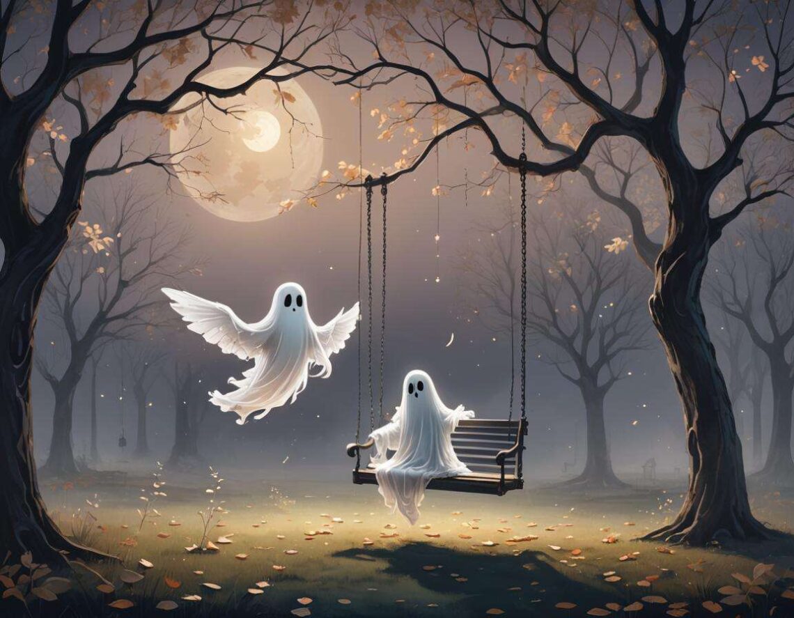 Two whimsical ghosts, resembling children in white sheets, enjoy a moonlit swing set in an autumnal forest. One ghost sits on the swing while the other playfully floats nearby.