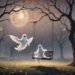 Two whimsical ghosts, resembling children in white sheets, enjoy a moonlit swing set in an autumnal forest. One ghost sits on the swing while the other playfully floats nearby.