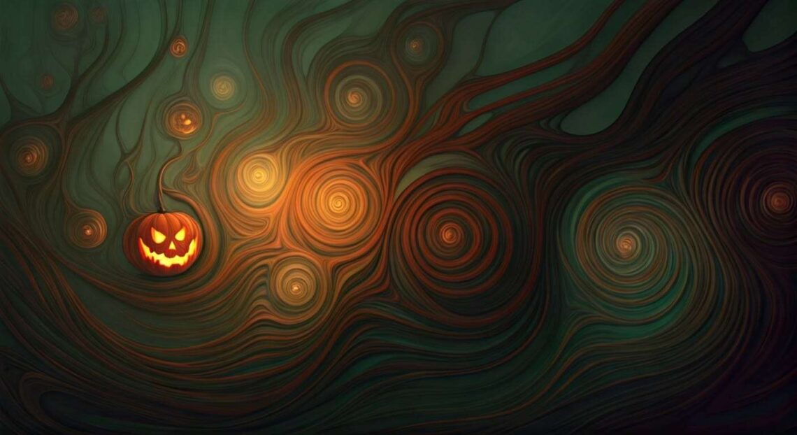 A glowing jack-o'-lantern is illuminated against a dark green and brown swirling abstract background with spiral patterns.