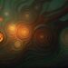 A glowing jack-o'-lantern is illuminated against a dark green and brown swirling abstract background with spiral patterns.