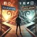 Surreal photorealistic image of a person standing between two paths labeled 'Education' and 'Cancellation,' with social media icons floating in a cloudy sky background, symbolizing societal influence and choice.